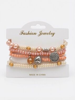 Blush Pink & Pearl Charm Bracelet Set – 5 Pieces